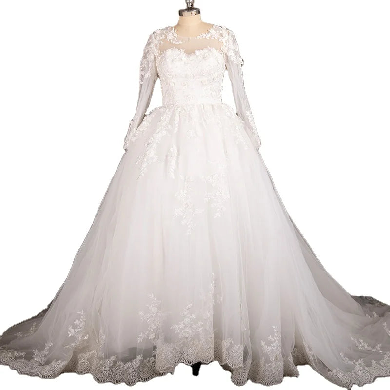 7251# Puffy Real Photos Wedding Quinceanera Dresses Illusion O-Neck Long Sleeve Princess Ball Gown Applique Sequined