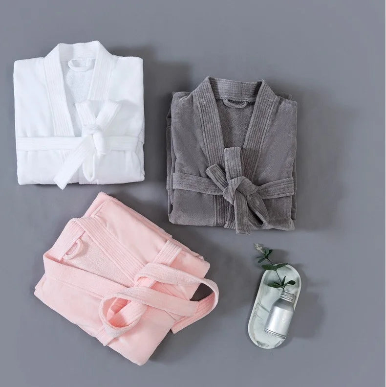 Wholesale Super Warm White 100% Cotton Velour Bathrobe Hotel Spa Luxury Kimono Collar Robe Embroidery logo
