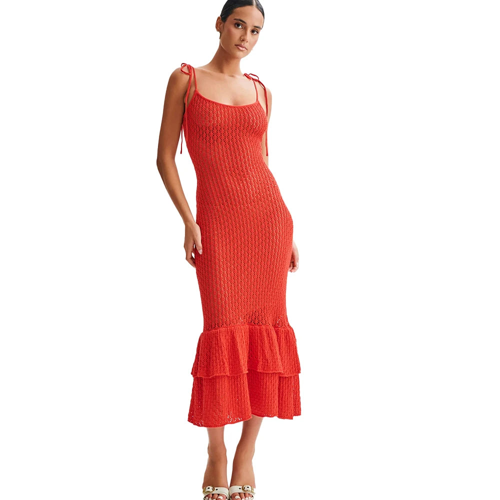 Spring Summer Halter Hollow Knit Dress Sexy Slim Tie Ruffle Knit Sweater Dress Knit Dress for Women