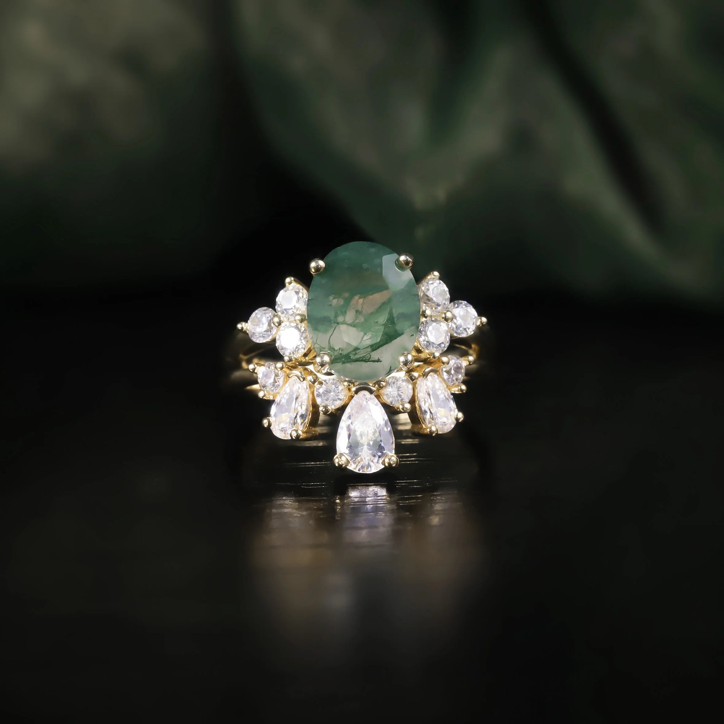 Abiding Fine Jewelry Good Selling Oval Large Gemstone Ring Moss Agate 14K Gold Plated Chunky 925 Silver Pave Stacking Rings