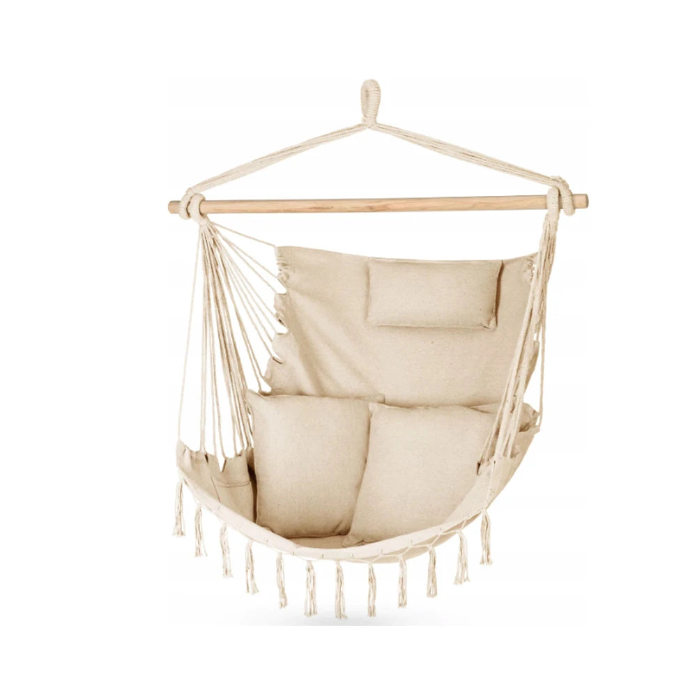 Modern Bohemian Macrame Canvas Hammock Chair Portable Outdoor Park Furniture with Three Fabric Pillows Hanging