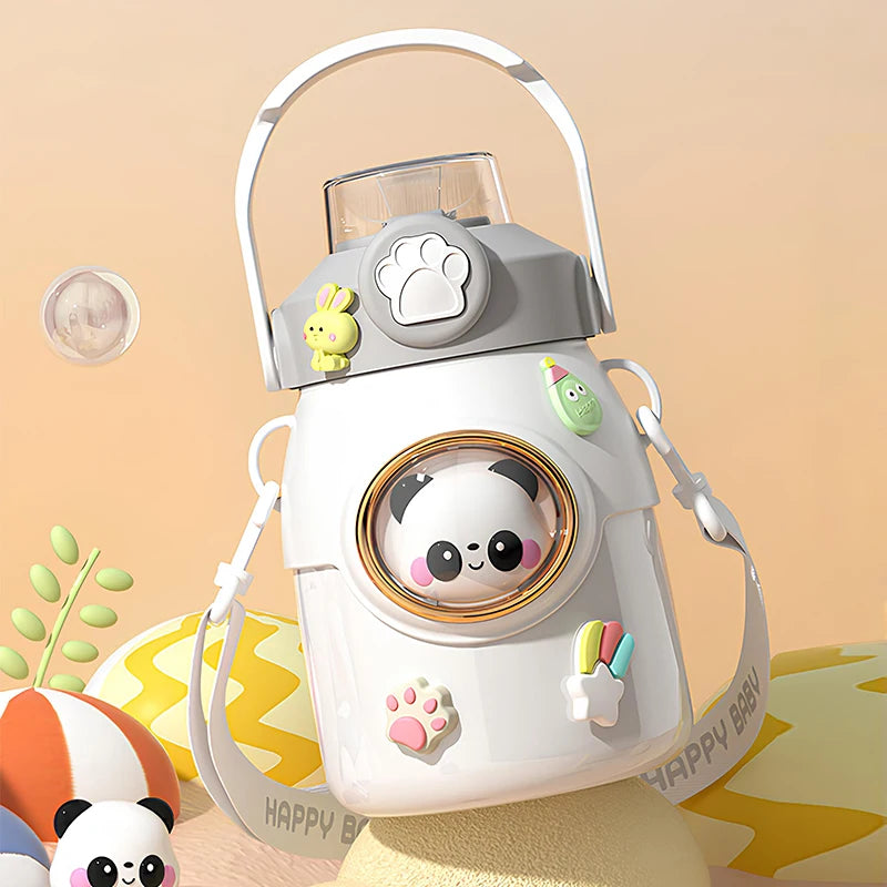 Wholesale 650ml Cartoon Metal Straw Cup Children's Double Wall Stainless Steel Water Bottle with Shoulder Strap