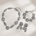 KJ Exaggerated Jewelry Vintage Hollow Floral Carved Silver Color Alloy Necklace Earrings and Bracelet Set for Women