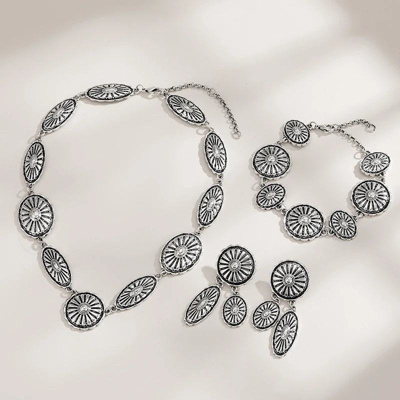 KJ Exaggerated Jewelry Vintage Hollow Floral Carved Silver Color Alloy Necklace Earrings and Bracelet Set for Women
