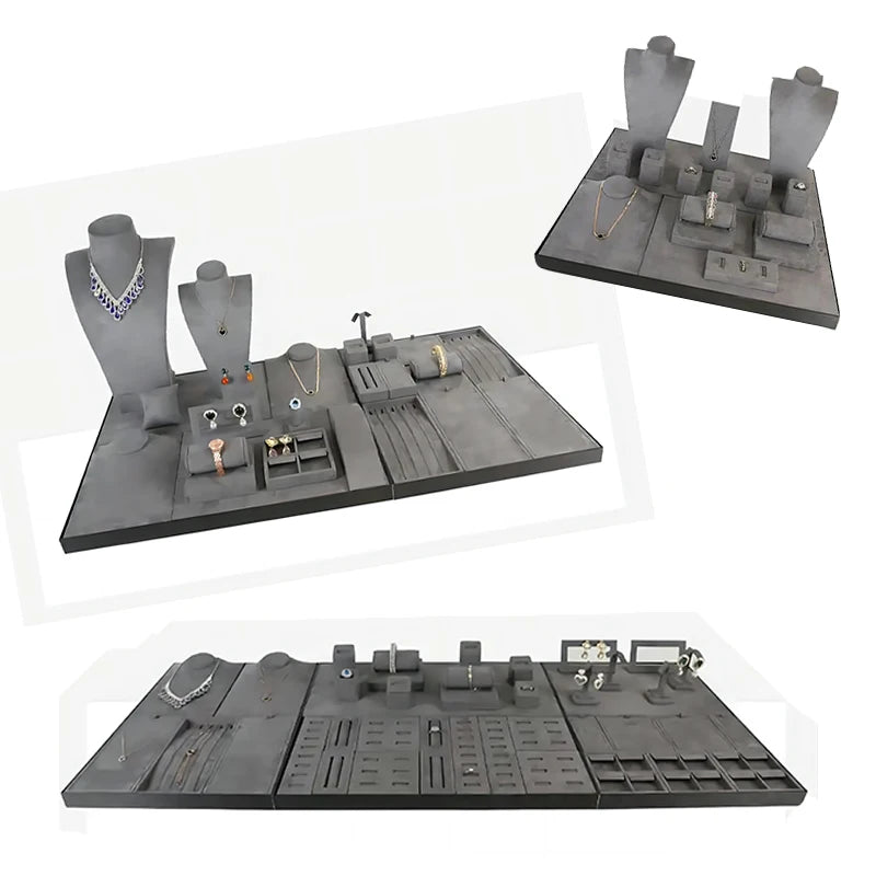 SUNDO Hot Sales Grey Velvet Jewellery Display Prop Set High Quality Microfiber Fabric Jewelry Storage Display for showcase