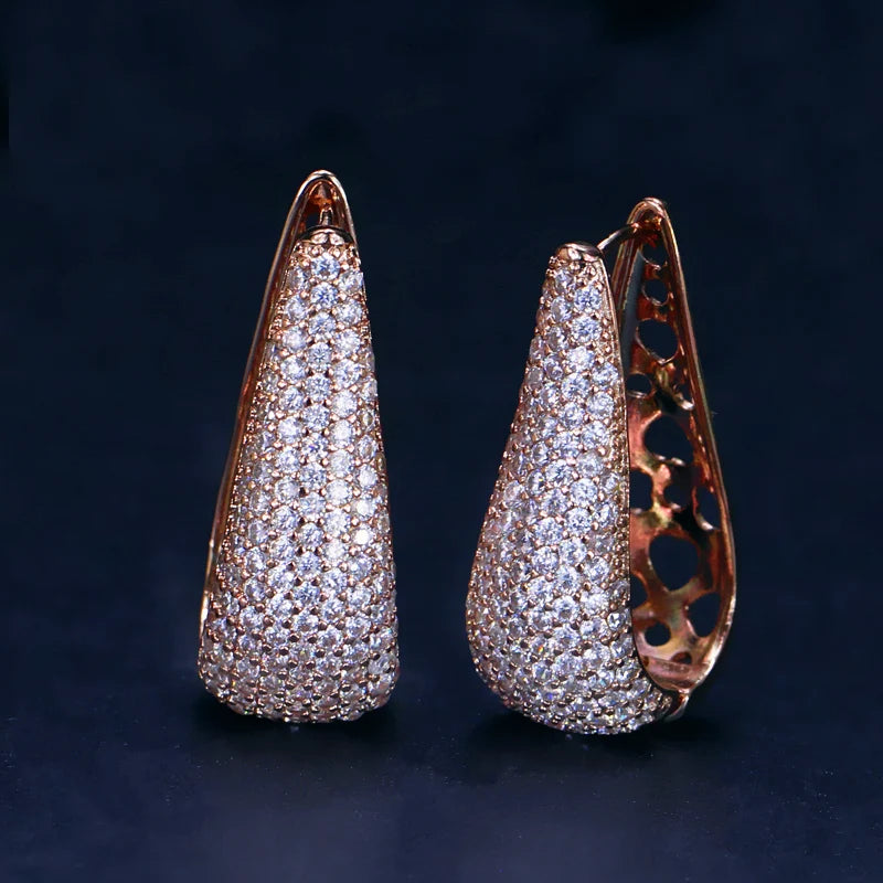 Sparkly Luxury Brass U Shape Rose Gold Plated Full Micro Paved Round Cubic Zircon CZ Stone Big Hoop Earrings for Women Gift