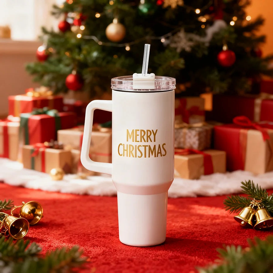 Topjlh 40oz Plain White Sublimation Tumbler With Handle  Custom Printing 304 Stainless Steel Auto Drinkware with Straw
