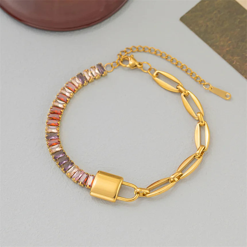 Hot Sale Tarnish Free Waterproof Stainless Steel 18k Gold Plated CZ Zircon Lock Bracelets for Women