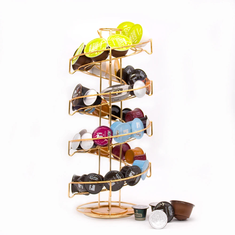 Modern Gold Iron Metal Rotating Dolce Gusto K-cup Nespresso Coffee Capsules Holder Standing Type Rack Display Storage Tools