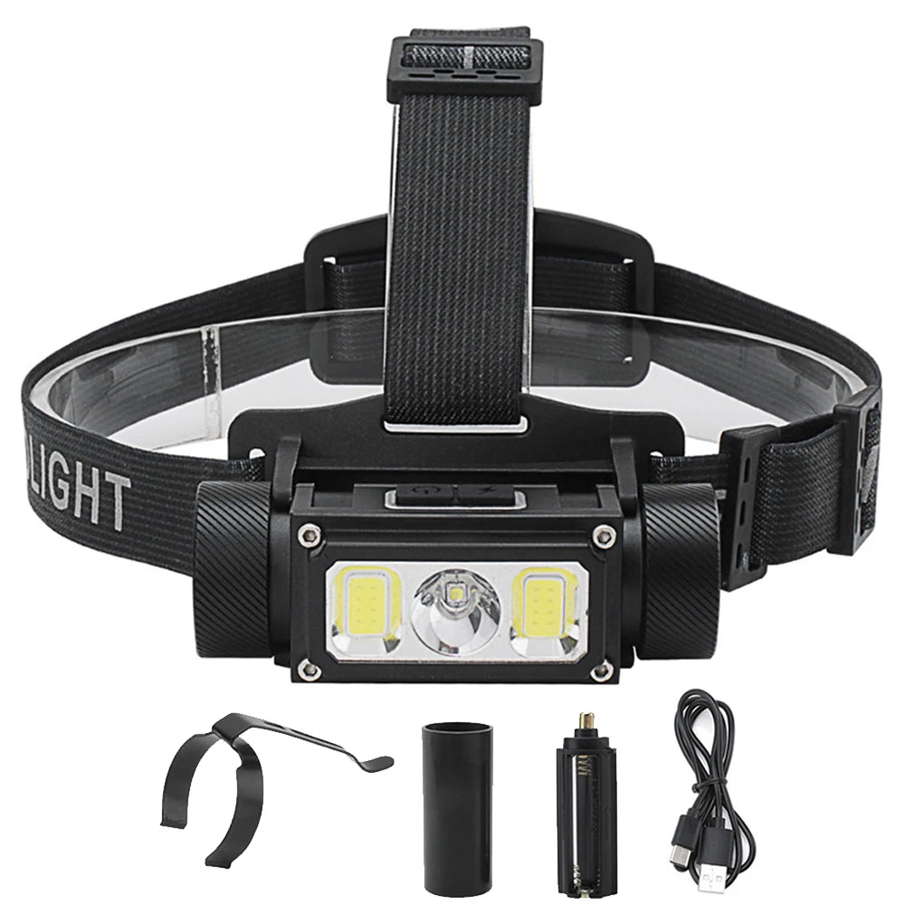 Waterproof HeadLamp White Lights Stirnlampe 6 Modes Type-C Rechargeable 3 Leds Hodelykt for Outdoor Camping Cycling Running