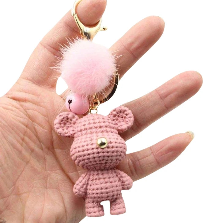 Promotion Cartoon Crochet  Teddy Bear Doll Pendant Keychain Toy Couple Bag Charm Pendant Car Key Chains with Pom Pom Bell