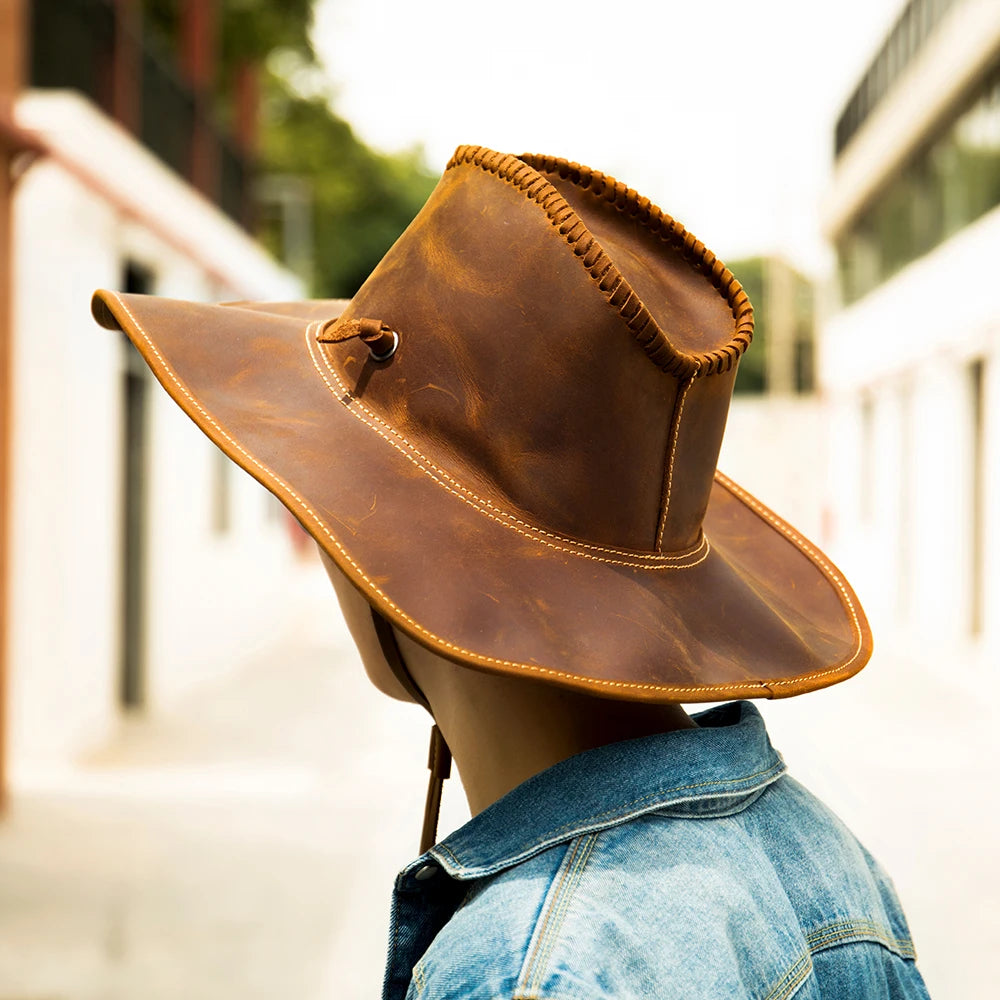 Marrant Western Men Outdoor Trucker Knight Hat Sun Hat Vintage Genuine Leather Men's Cowboy Hat