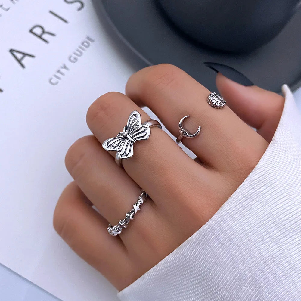 3pcs/set Women Fashion Hip Hop Knuckle Finger Ring Set Butterfly Heart Ring Set Open Knuckle Ring Bohemia Style Jewelry