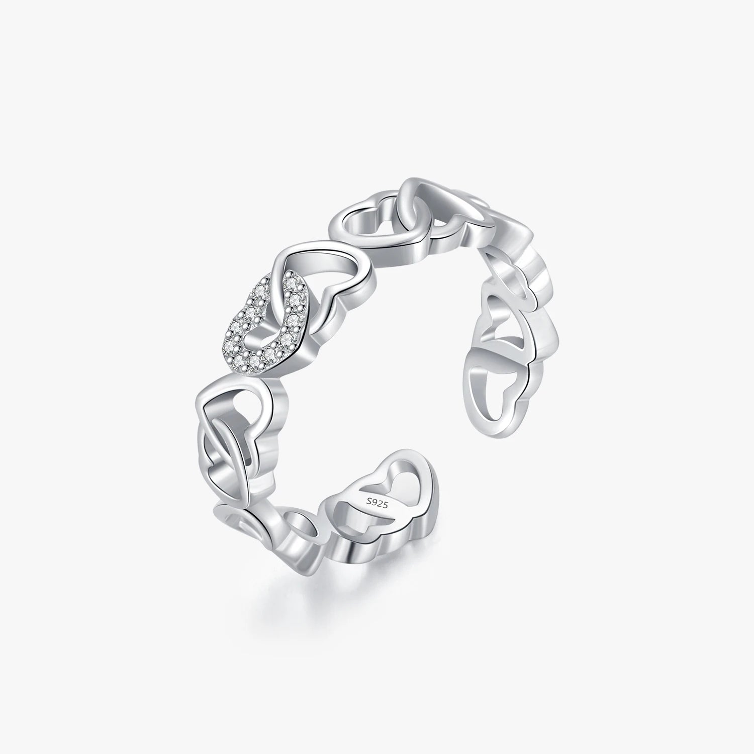 925 Sterling Silver Party Fine Jewelry Sparkling Clear Zircon Free Size Rings Heart to Heart Adjustable Ring for Women