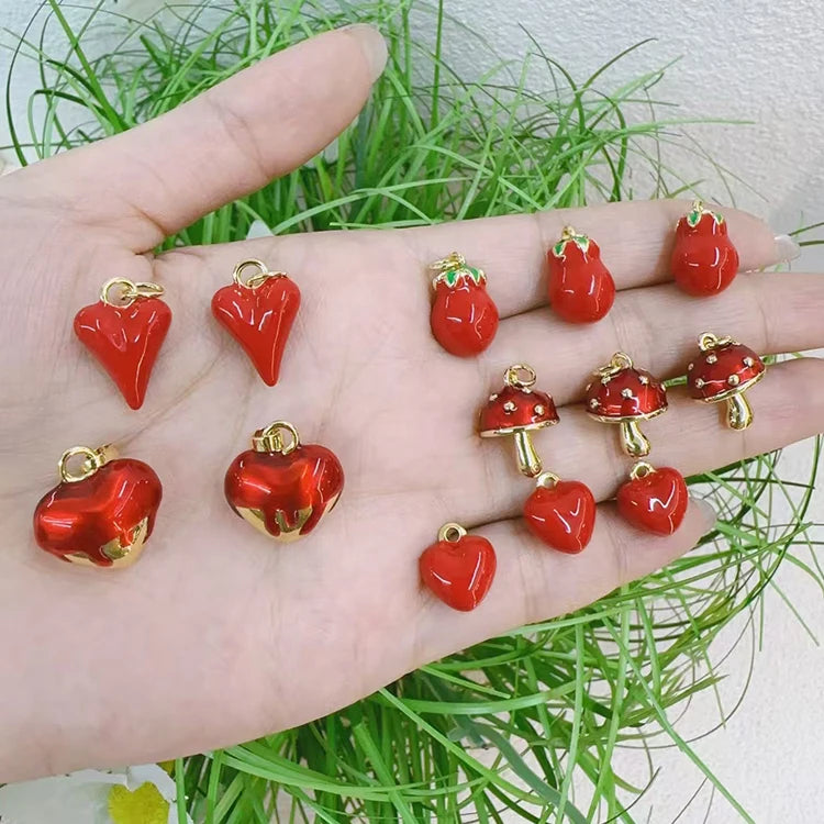 JS1799 Hot Sale Gold Plated Enamel Red Puffy Bubble Heart Star Ball Fruit Mushroom Charm Pendants for Jewelry Making Supplies