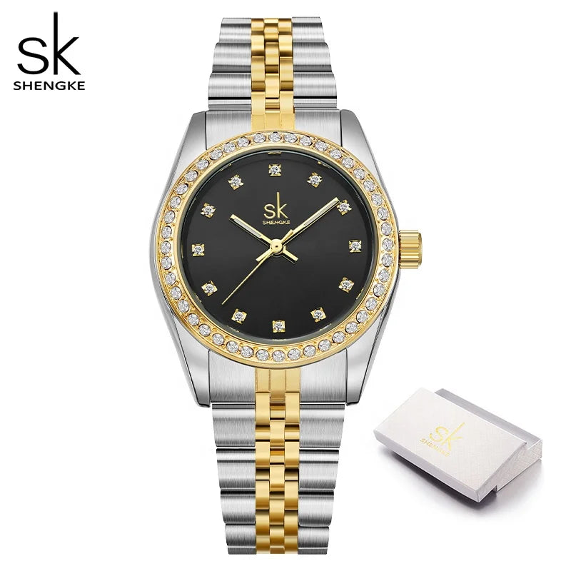 Shengke K0156 Women Golden Silver Classic Quartz Watches Female Elegant Clock Luxury Gift Watch for Ladies Waterproof Wristwatch