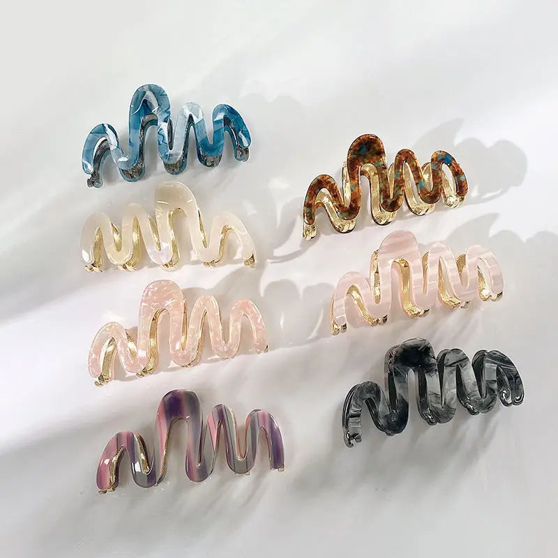 OEM Korean Fashion Acetate Large Wave Hair Claw 10.5cm Geometric Advanced Metal Shark Clip Acetate M Shape Marbled Hair Clamp