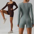 SHINBENE Women's High Waist Butt Lift Gym Romper Deep U-Neck Long Sleeve Fitness Yoga Jumpsuit Formal Style Playsuit