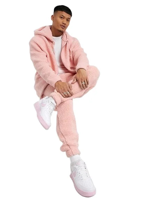 KY Men's Pink Fleece Teddy Borg Track Suits Over-Sized Zip-Up Hoodie Drawstring Hood Drop Shoulders Side Pockets XL Fitness