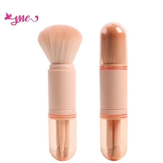 Yue Essential 4 in 1 Mini Retractab pink Kabuki Makeup Brush Loose Powder Brush Synthetic Travel Portable Makeup Brush Set