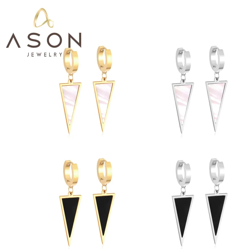 Ason Fashion Stainless Steel Black and White Seashell Geometric Triangle Charm Hoop Earrings for Women