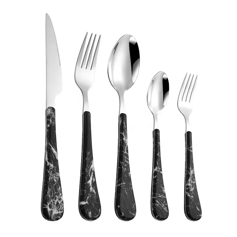 New 5pcs Wood Marble Texture Spoon Fork Cutlery Riveted Plastic Handle Stainless Steel Cutlery Set