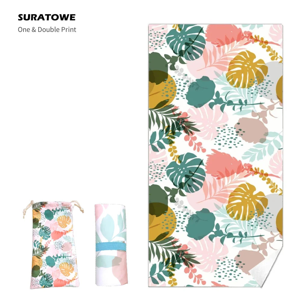 Eco Beach Towel Drawstring Bag Package Tropical Palm Print Waffle Sand Free Beach Towels Compressed Beach Towels