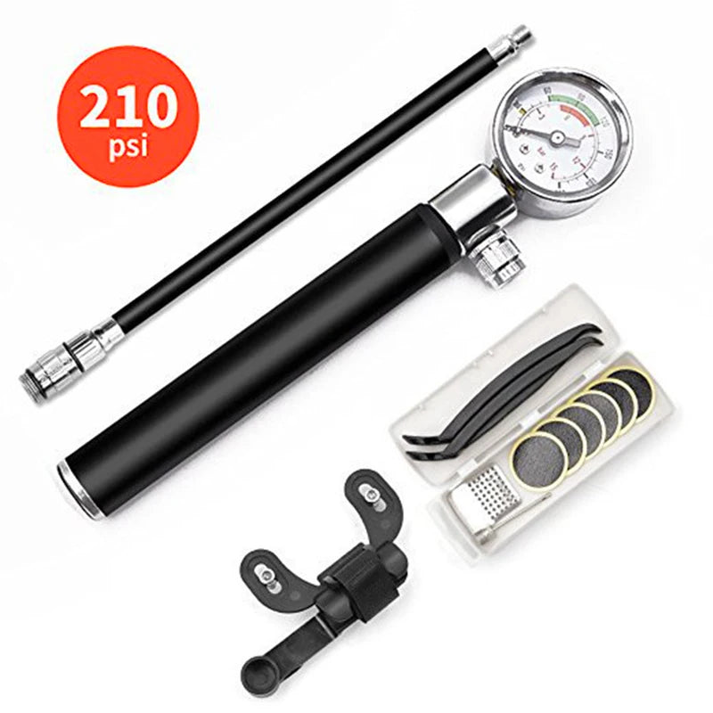 210PSI Mini Handheld Bike Pump with Gauge 145g Lightweight for All Bikes and Balls Aluminum
