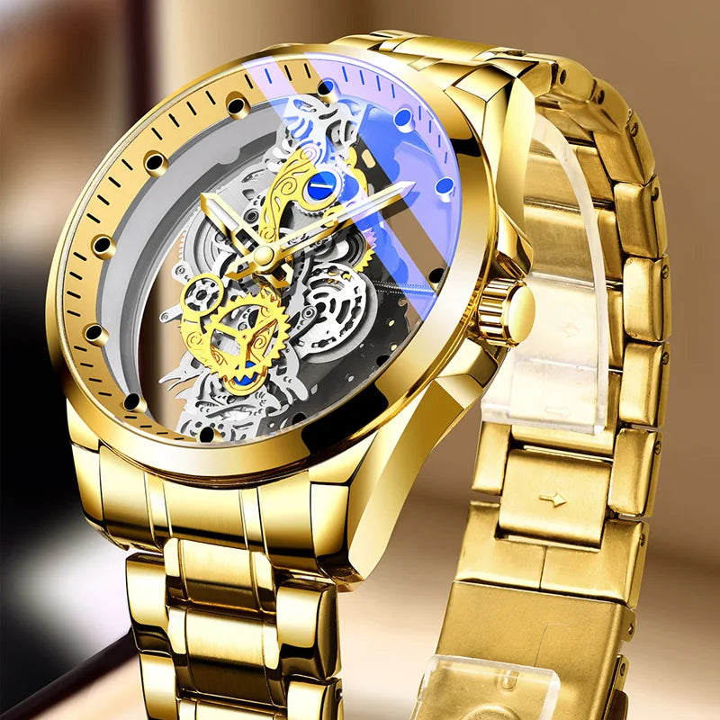 2023 New Arrive Watch for Men Fashion Skeleton Automatic Quartz Wristwatch Waterproof Steel Band Gold Vintage Men Clock