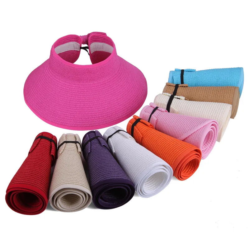 2025 Women Portable Paper Straw Visor Cap Sun Beach Wide Brim Hat Airtop Visor Foldable Straw Hats