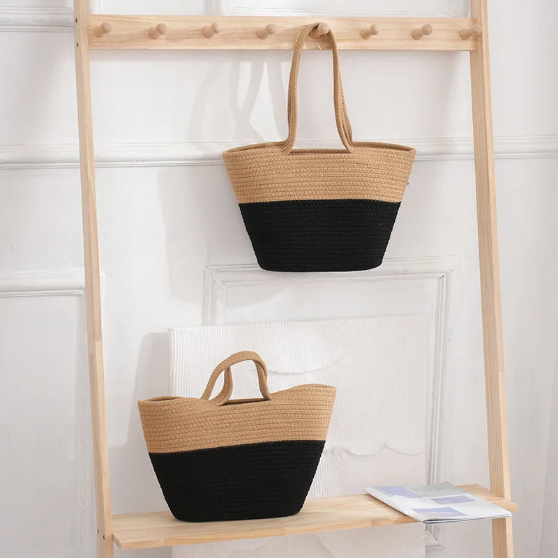 Cotton Portable Women's Bucket Bag Summer Hand Carry Two Open for Ladies