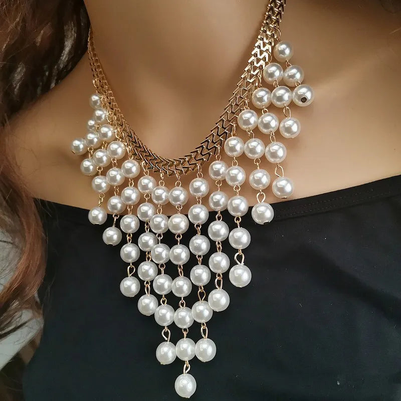 Women Bridal Vintage 1920s Layered Tassels Rhinestones Pearl Shiny Necklace Fashion Necklaces for Women
