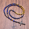 Natural Lapis Lazuli with Tiger Eye Stone Rosary Cross Necklace Hematite Cross Pendant Necklace Catholic Gift Christian Jewelry