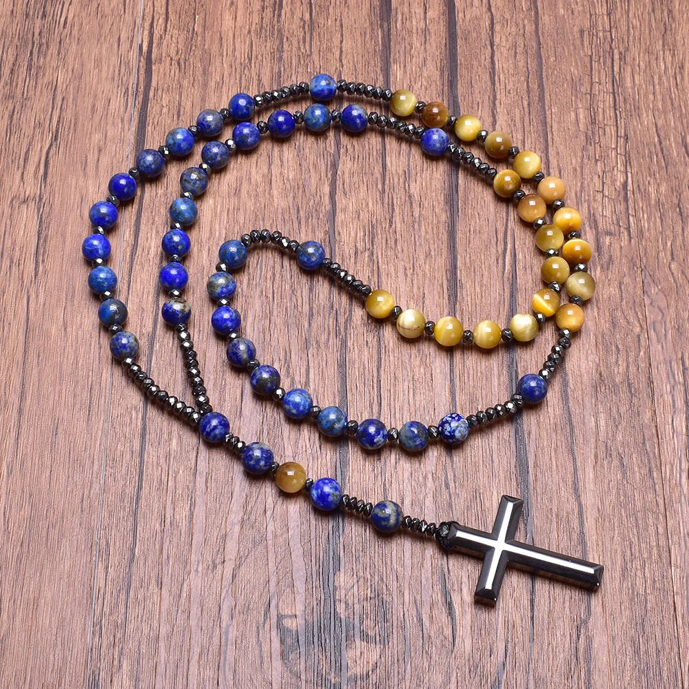Natural Lapis Lazuli with Tiger Eye Stone Rosary Cross Necklace Hematite Cross Pendant Necklace Catholic Gift Christian Jewelry