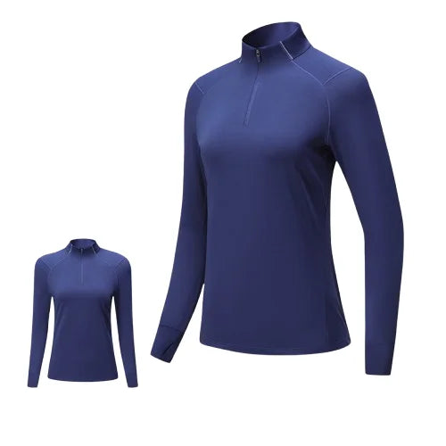 B556 2025 Women's Quarter Zip Running Active T Shirts Workout Long Sleeve Jersey With Thumb Holes Polyester Spandex Top Fashion