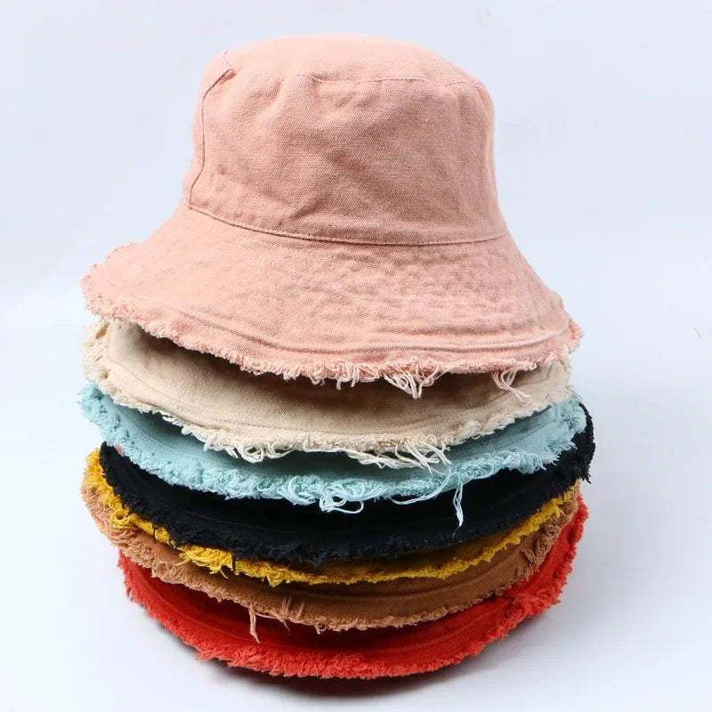 2023 Spring Summer Women Lady Girl  Fisherman Sun Cap Wholesale Colour Foldable Blank Frayed Brim Canvas Cotton Bucket Hat