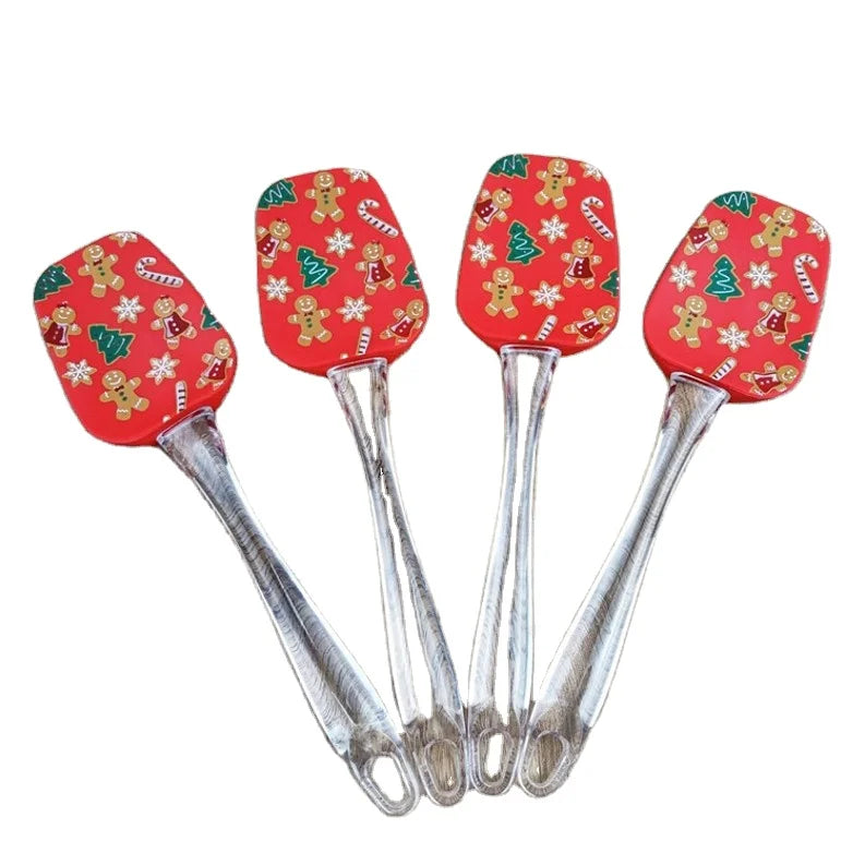 Christmas Pattern Silicone Spatula Clear Handle Snowman Christmas Tree Gingerman Pattern for Cake Decorating Baking Pastry Tools