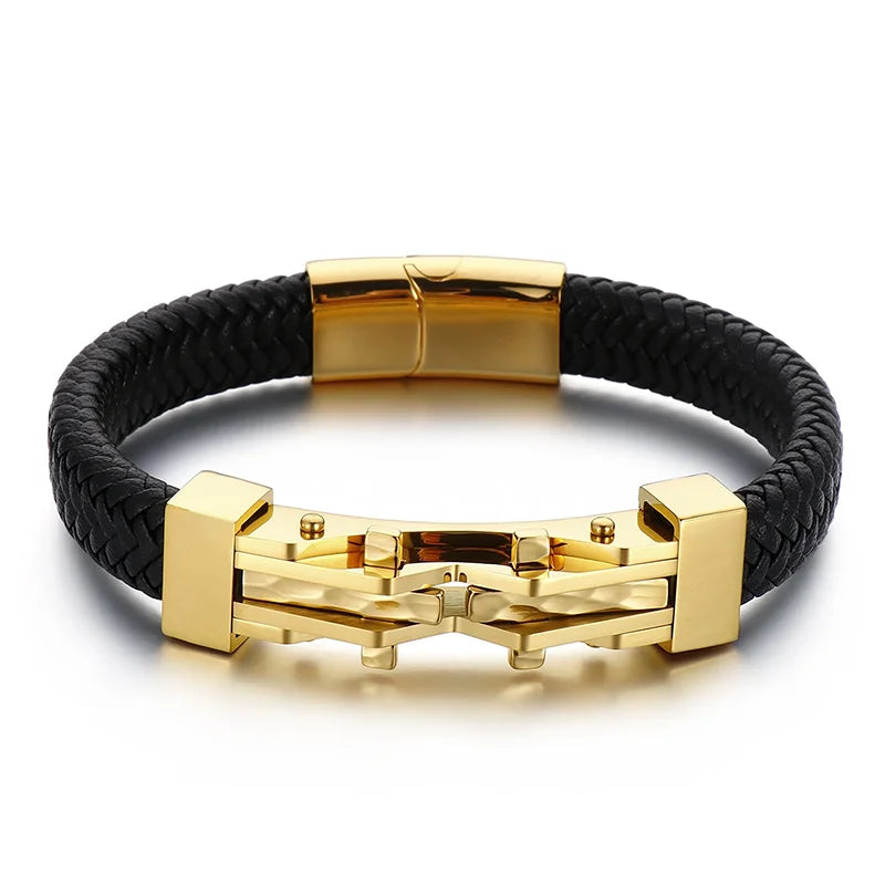 KALEN 2022 Vera Pelle Cuoio Nero Bracciale Uomo Acciaio Inox Punk Men's Jewelry
