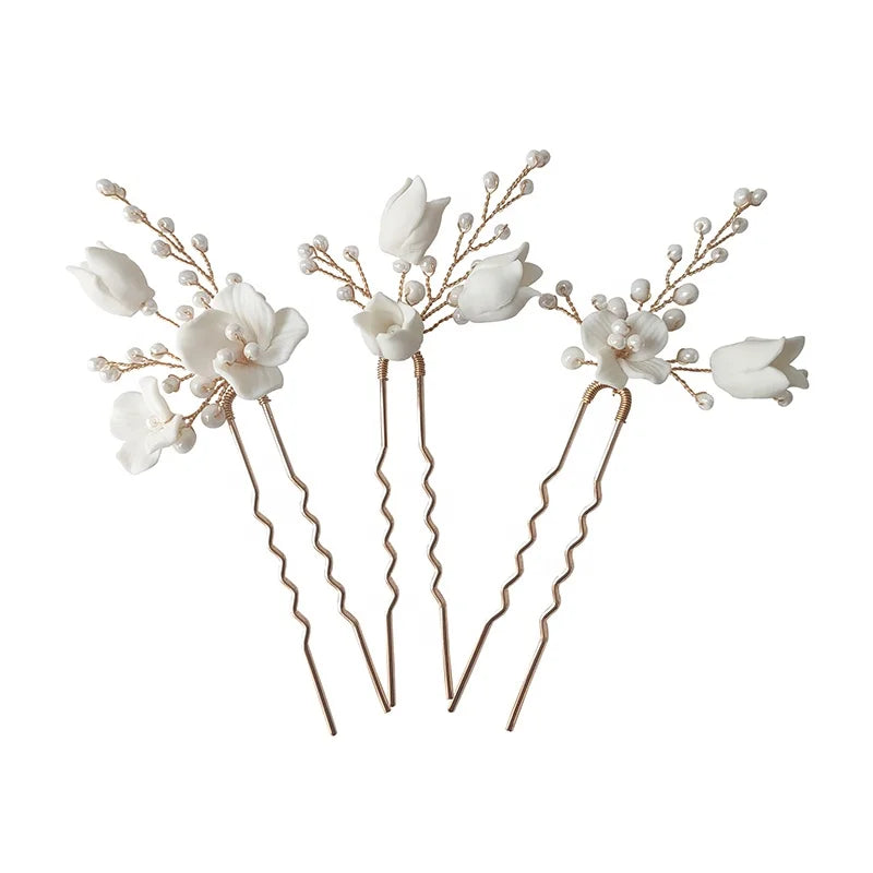 Elegant Handmade Bridal Headpiece Pearl Ceramic Flowers Hair Pins Jewelry Wedding Headdress Hair Accessories