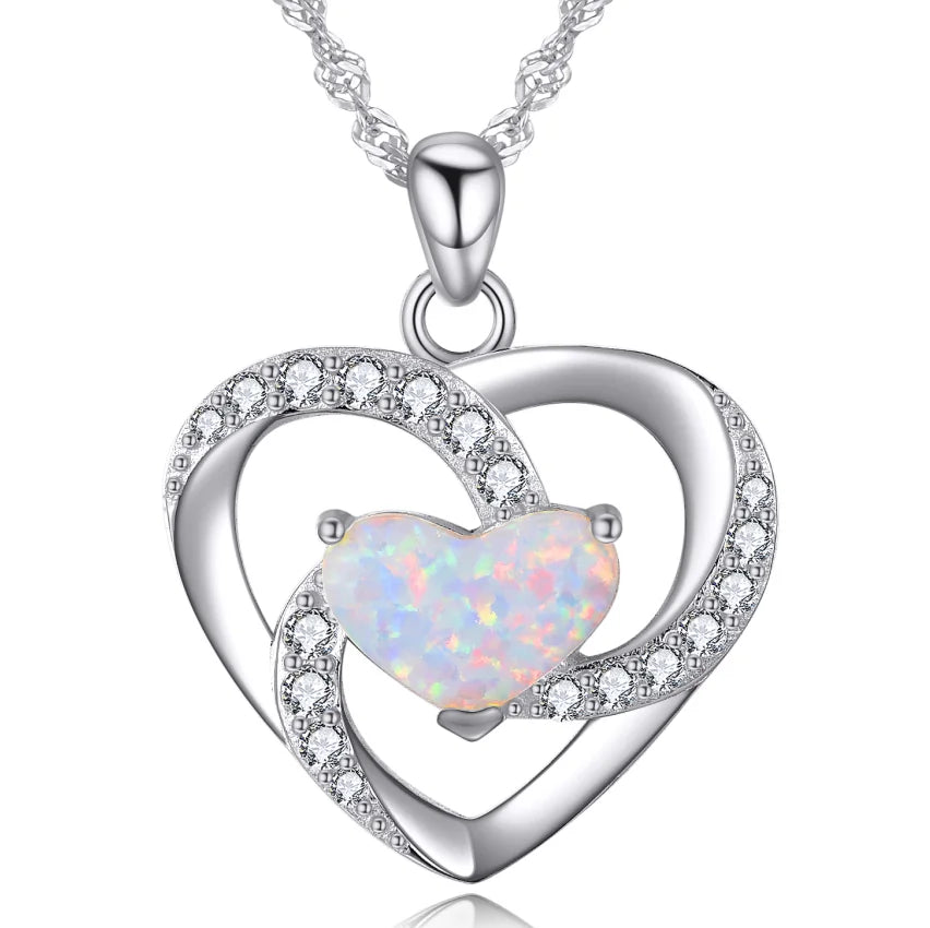 Factory Sale New Design 925 Sterling Silver White Gold Plated Opal Heart Zircon Necklace