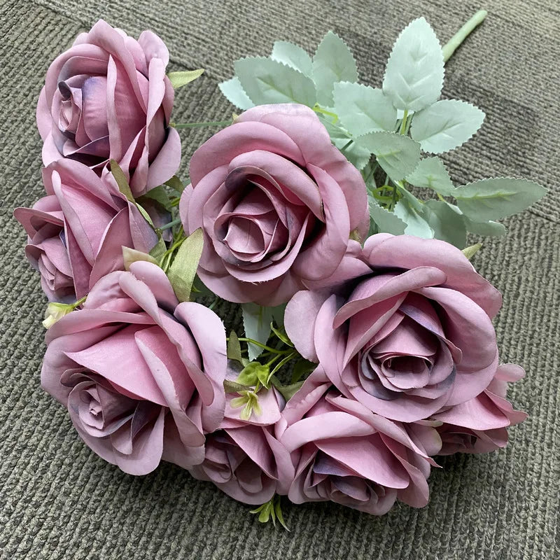 Wholesale New 9 Head Purple Rose Bunch Artificial Wedding Bouquets
