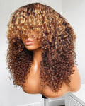 Human Hair Full Machine Wig Cuticle Aligned Hair Highlight Honey Blonde Color Curly Wave No Lace Wigs MegaBDM