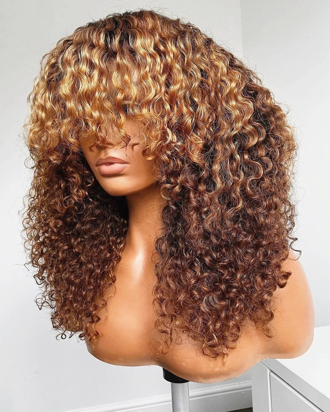 Human Hair Full Machine Wig Cuticle Aligned Hair Highlight Honey Blonde Color Curly Wave No Lace Wigs MegaBDM