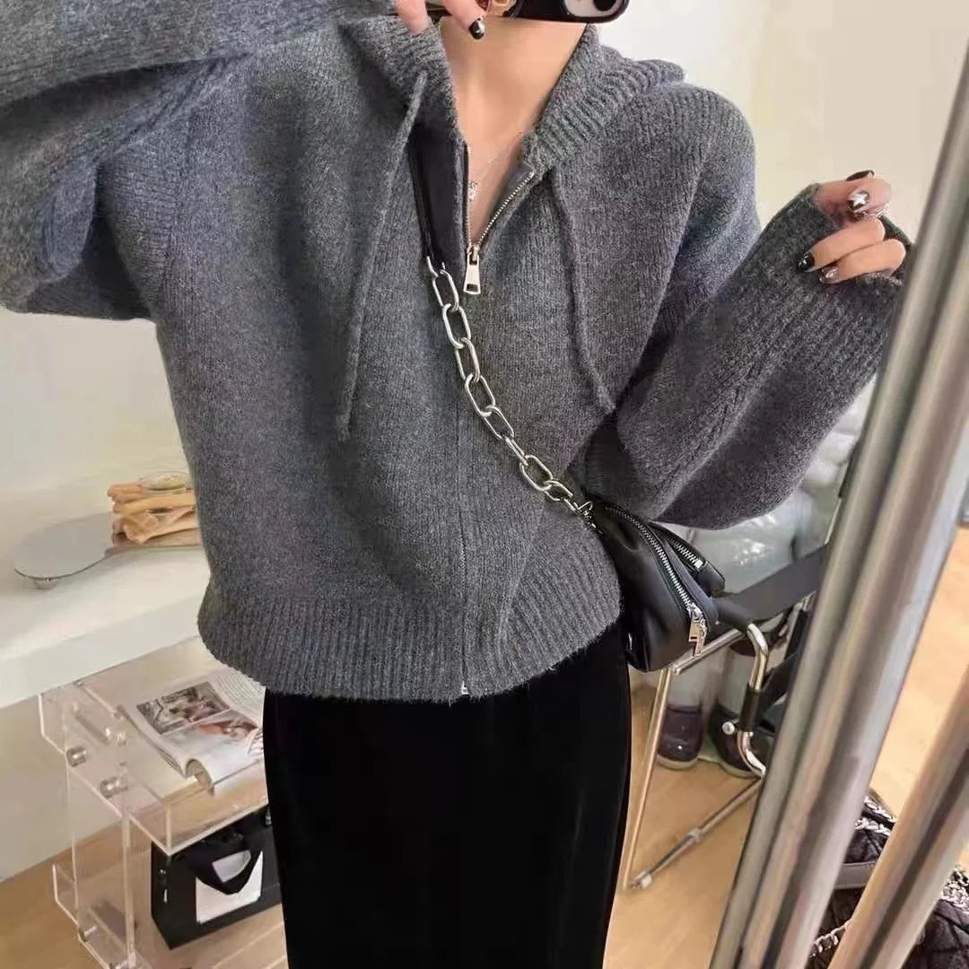 OEM/ODM Custom Double Zipper Hooded Sweater Cardigan Women's Autumn and Winter Loose Long Sleeve Jacket Coat