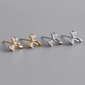 SP Elegant Girl Fashion 18K Gold S925 Sterling Silver Zircon Bowknot Stud Earrings