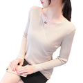Fashion Women Knitwear Cross V-neck Pullover Blouse Side Button Long Sleeve Solid Color Knit Slim Autumn Winter Casual Sweater