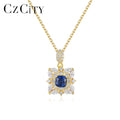 CZCITY Elegant Blue Topaz Zircon Flower Pendant Necklace for Women 925 Sterling Silver Fashion Jewelry Wedding Anniversary Gift