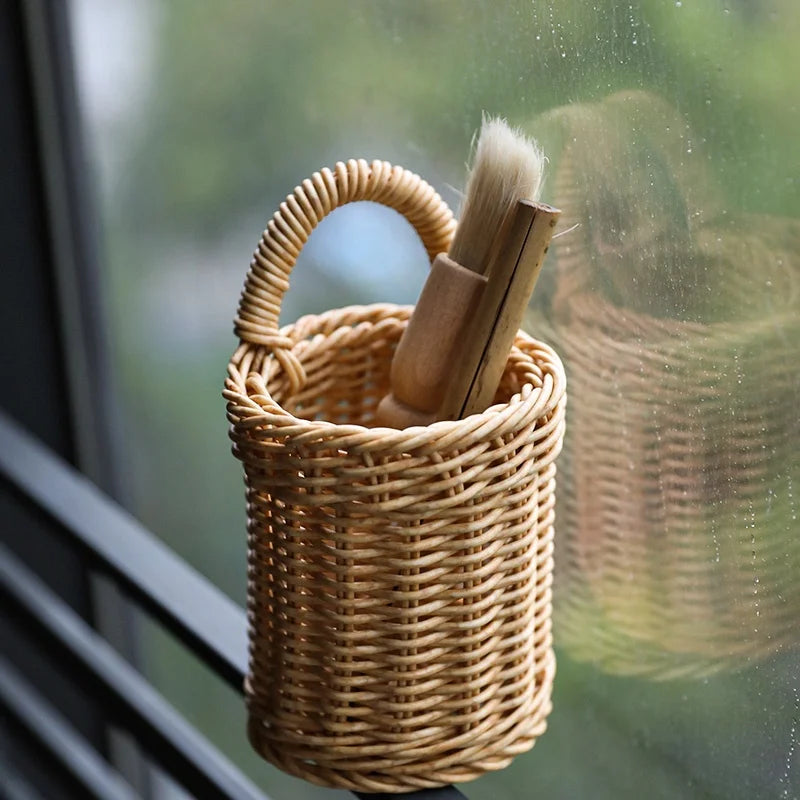 Handmade Small Wall Hanging Wicker Tea Set Accessories Woven Basket Ginger Garlic Chili Sauce Storage Kitchen Spoon Chopsticks