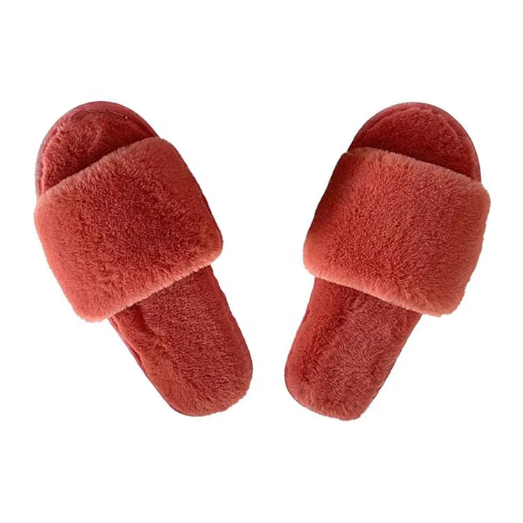UK USA Wholesale Cute Fleece Slippers Slides Ladies Winter Indoor Flat Warm Simple Design  Fur Sole Slippers