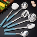 6Pcs Nordic Style Stainless Steel Cooking Utensils Set Blue Wheat Straw PP Handle Spatula Ladle Skimmer Kitchen Tool For Home